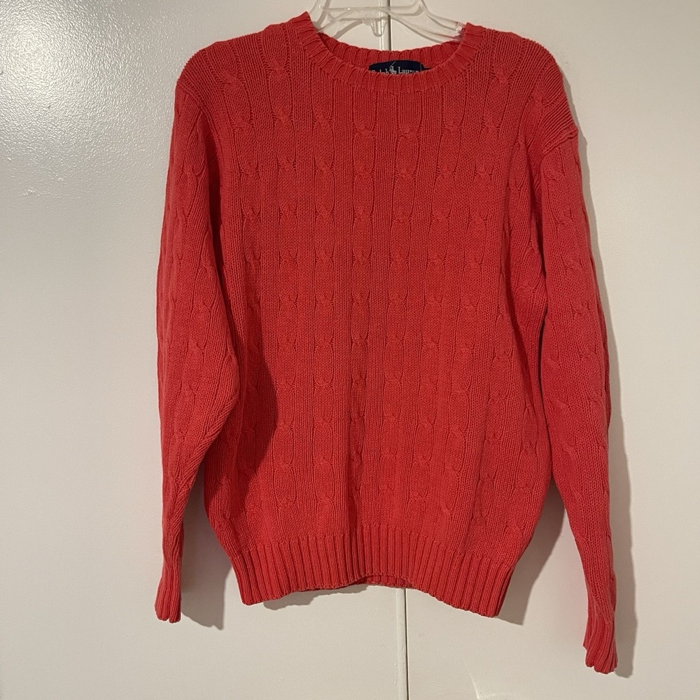 Vtg Polo Ralph Lauren Men's Cable Knit Preppy Sweater S Orange 100% Cotton